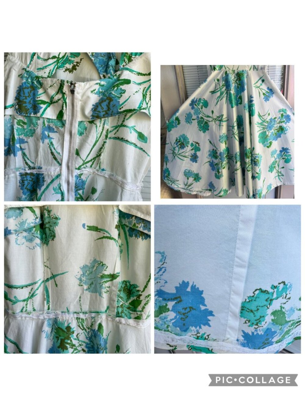Womens Floral Sundress White & Blue Sleeveless Fit & Flare M (12) Vintage 50s - Picture 5 of 16